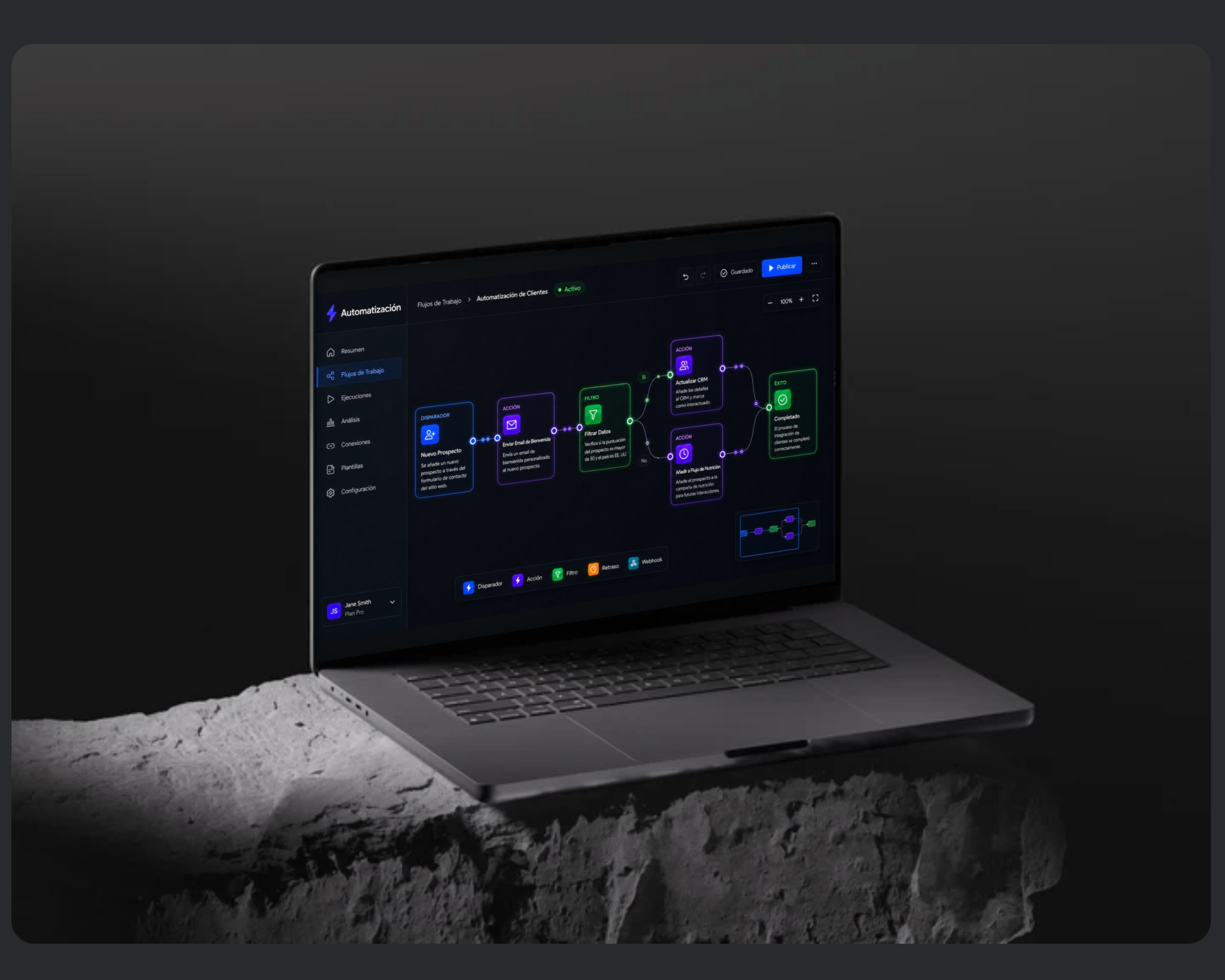 Laptop sobre superficie oscura mostrando un flujo de automatización de ventas